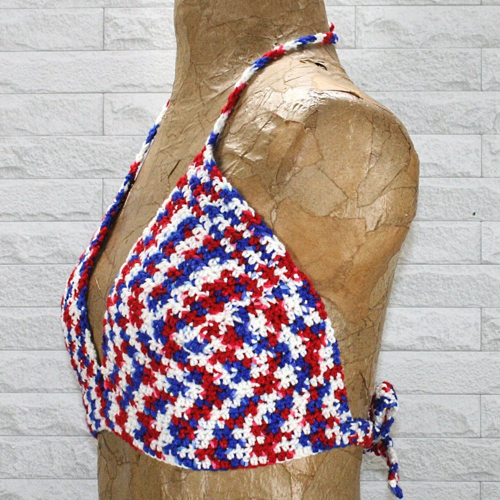 HAND CRAFTED Crop Top Crochet Bikini Stripe Patriotic Festival Red White Blue - Picture 2 of 12
